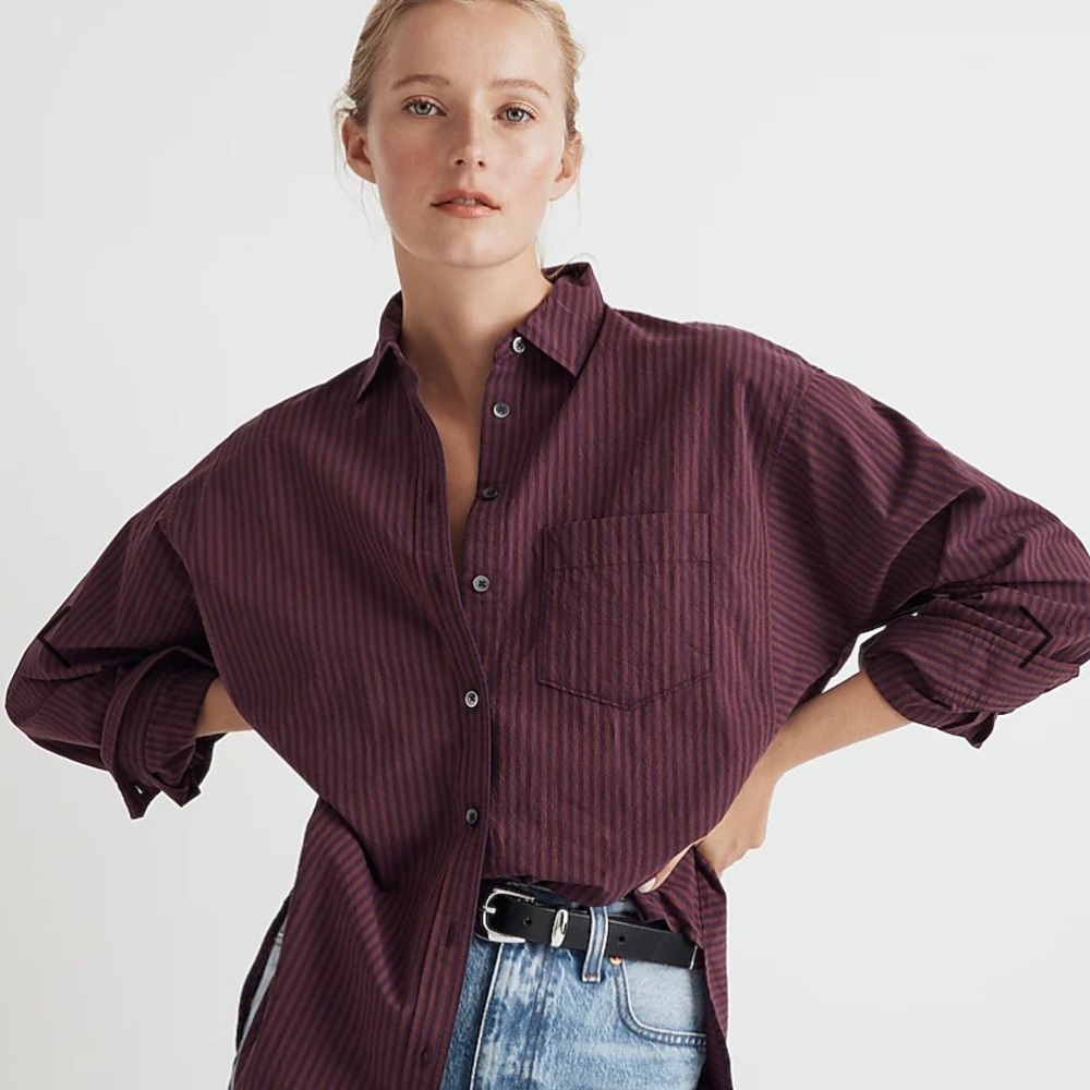 Madewell Poplin Side-Panel Dolman Button-Up Shirt Stripe small smoldering plum
